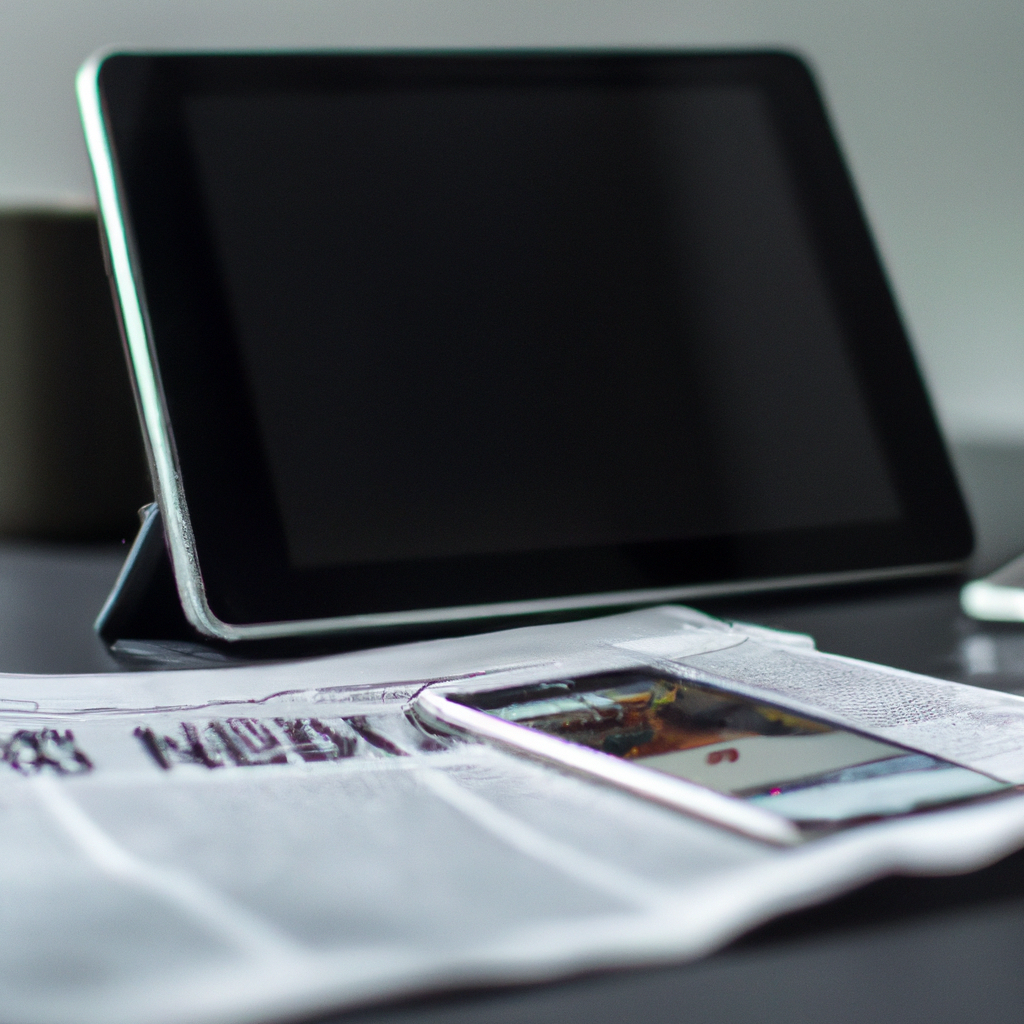 Editorial desk with printed newspapers and a digital tablet