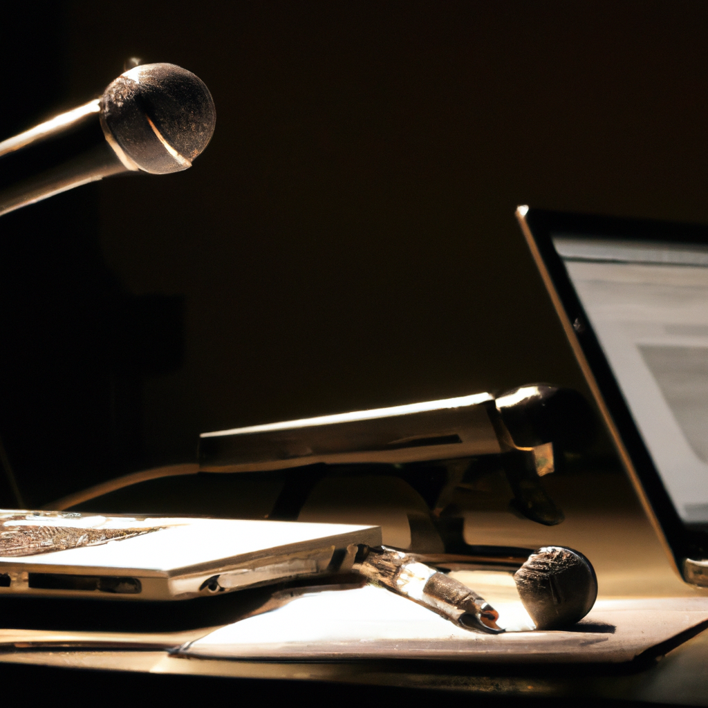 Editorial desk with laptop, microphone, notes and warm light — newsroom ambience